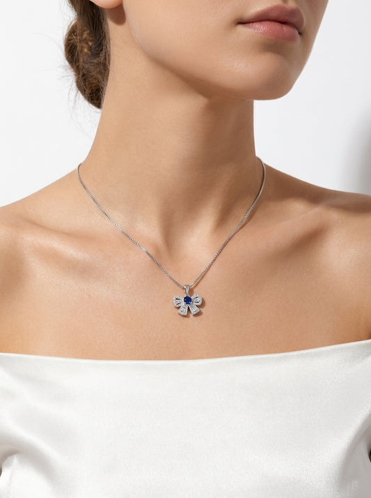 Blue Crystal Bow Pendant Necklace