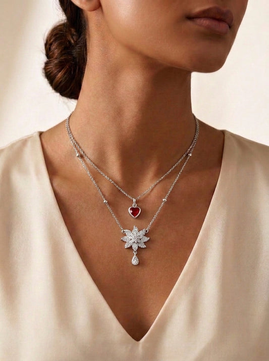 Layered Heart and Floral Pendant Necklace