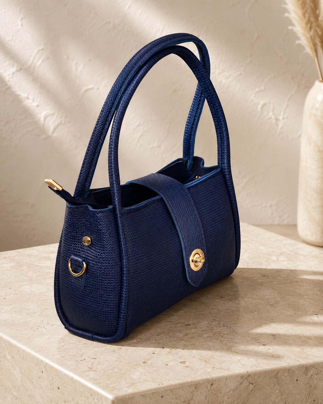 Classic Textured Shoulder Bag – Navy Blue