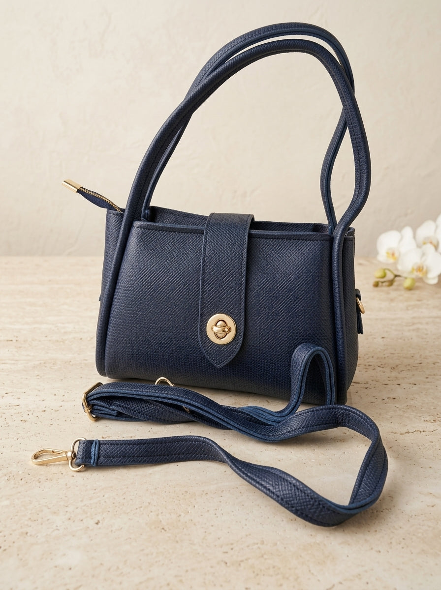 Classic Textured Shoulder Bag – Navy Blue