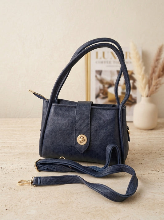 Classic Textured Shoulder Bag – Navy Blue