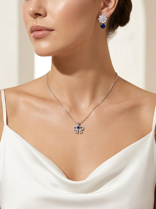 Blue Crystal Bow Pendant Necklace