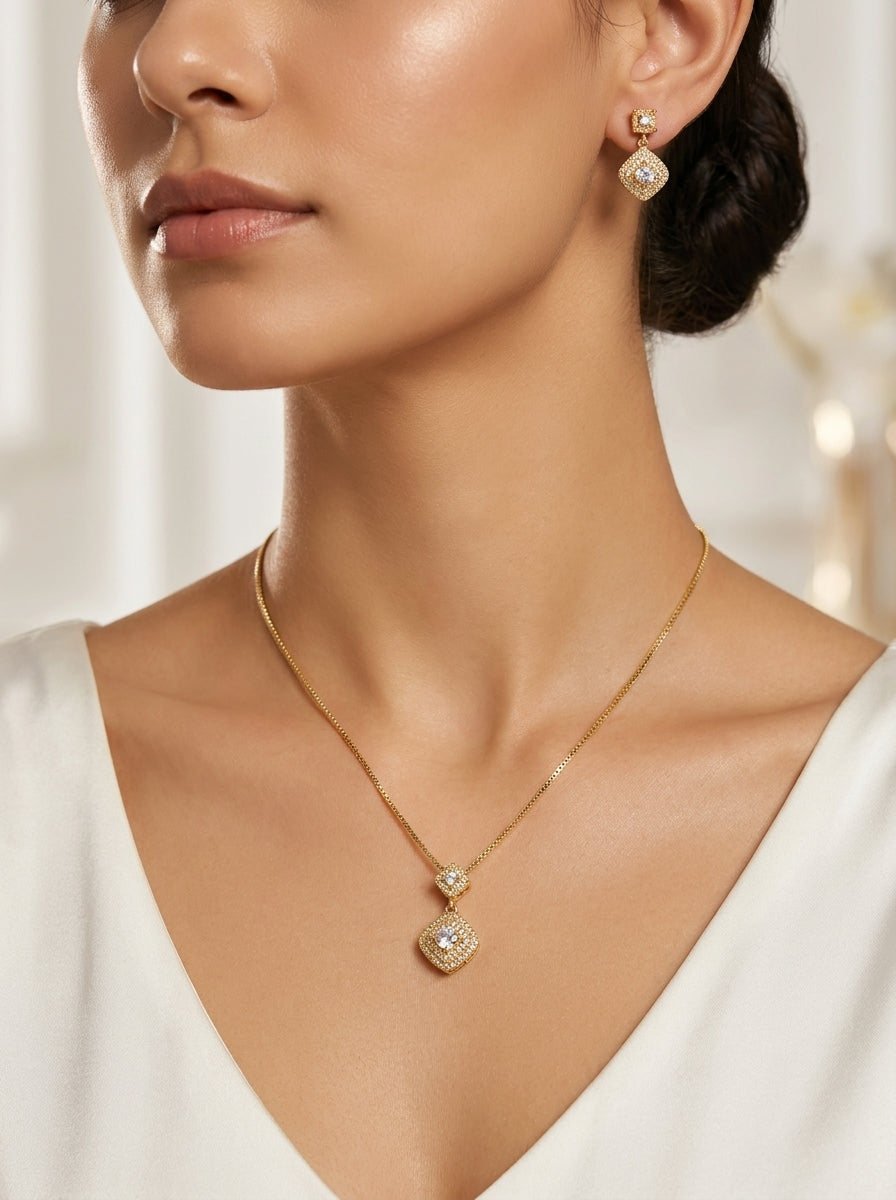 Square Pendant and Drop Earrings Set