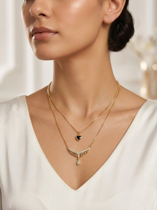 Layered Heart and Crystal Pendant Necklace