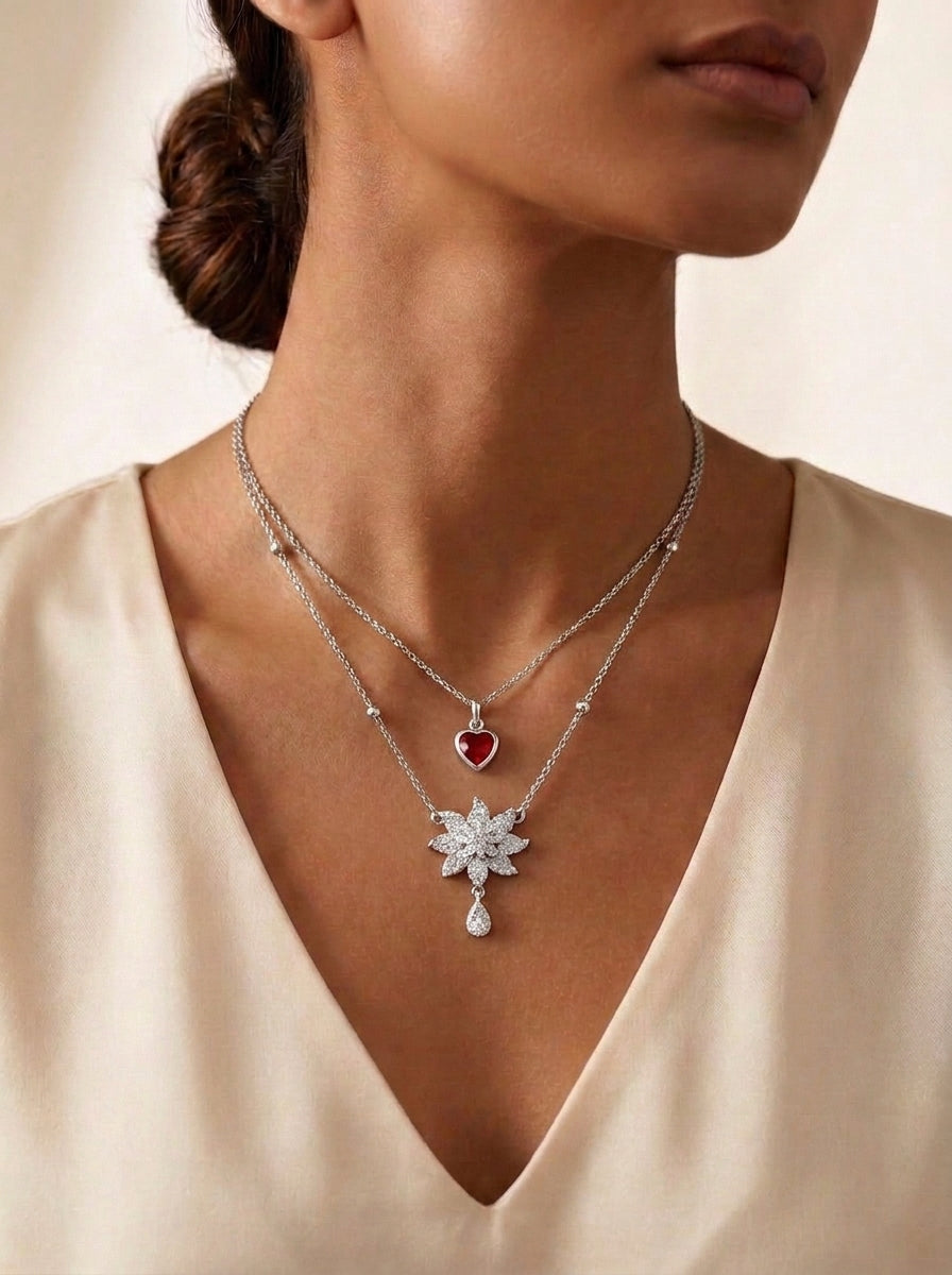 Layered Heart and Floral Pendant Necklace