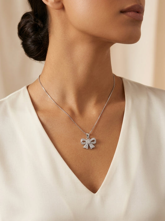 White Crystal Bow Pendant Necklace
