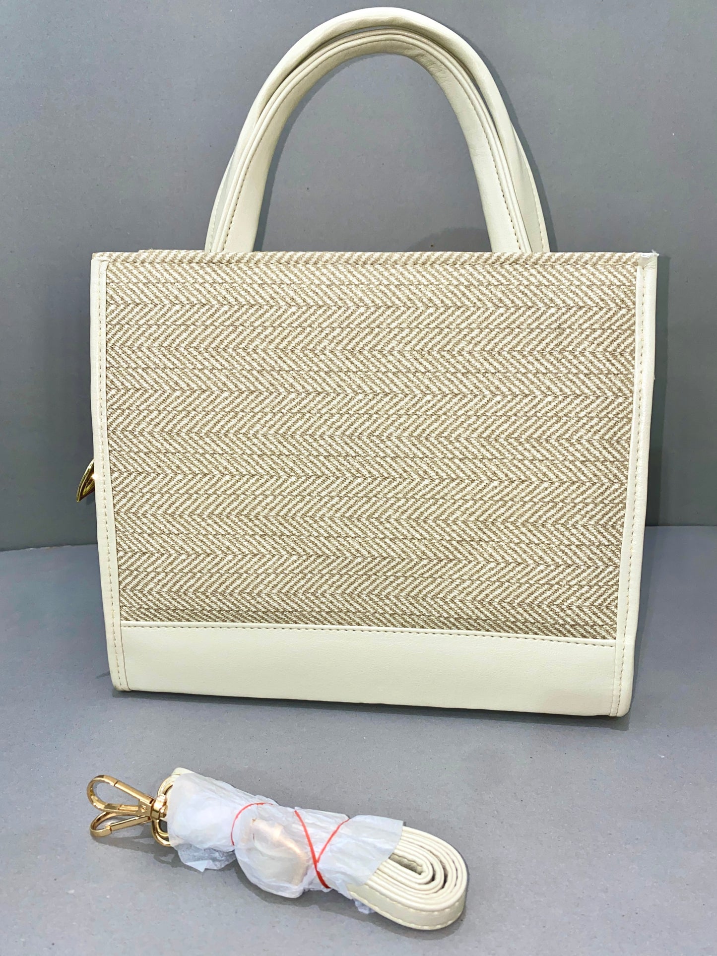 Herringbone Mini Tote Bag – Beige