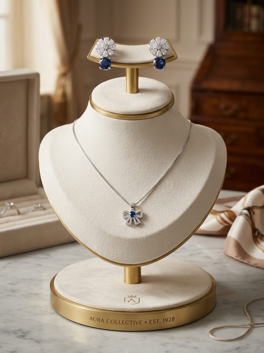 Blue Crystal Bow Pendant Necklace