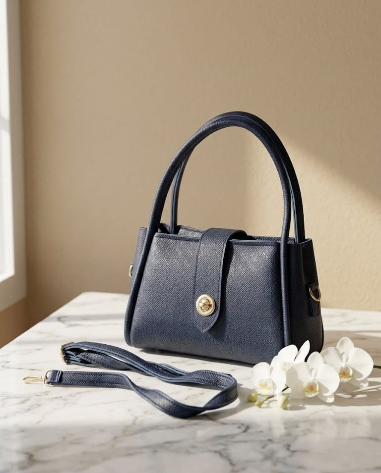 Classic Textured Shoulder Bag – Navy Blue
