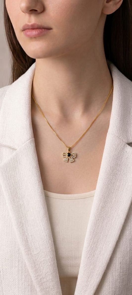 Elegant Black Crystal Bow Pendant Necklace