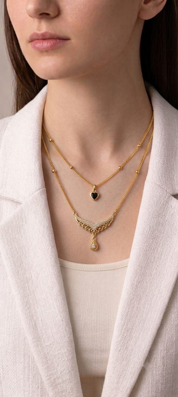 Layered Heart and Crystal Pendant Necklace