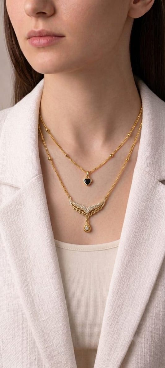 Layered Heart and Crystal Pendant Necklace