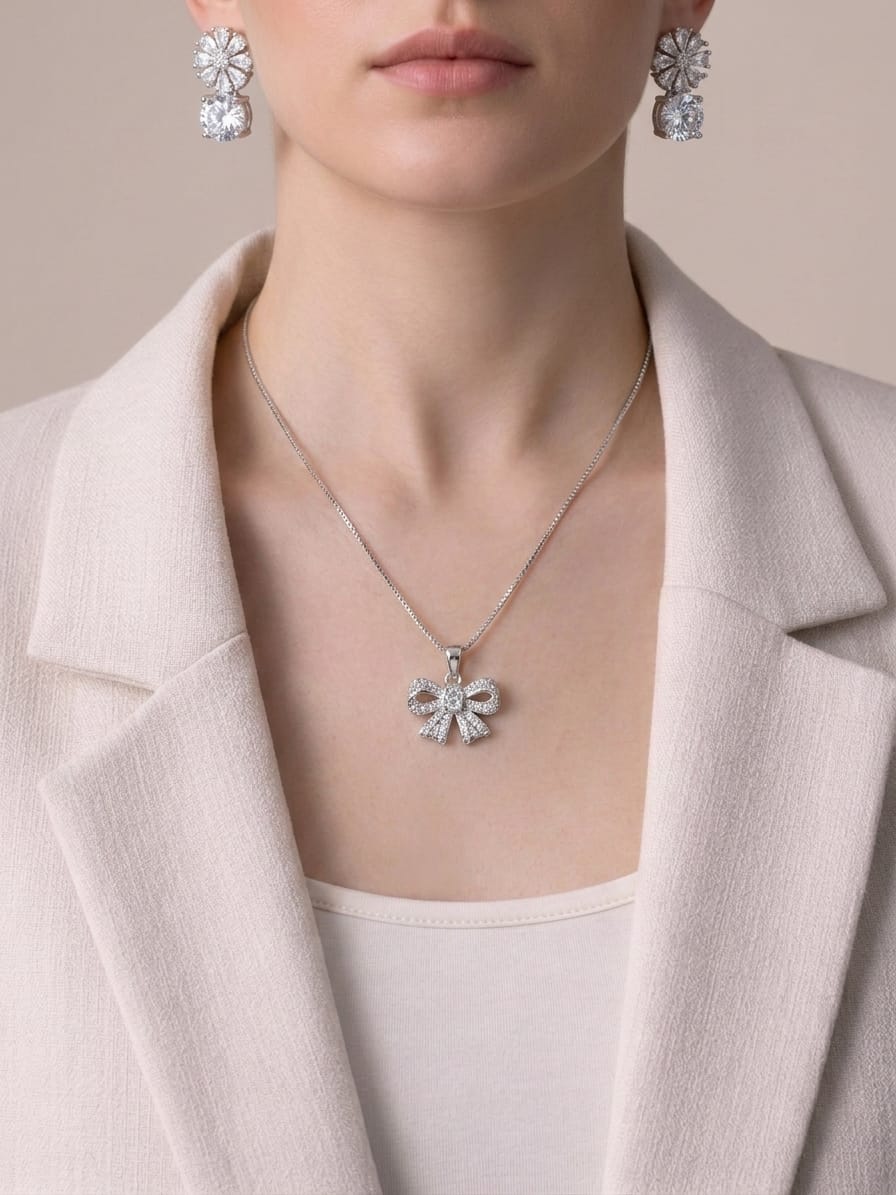 White Crystal Bow Pendant Necklace