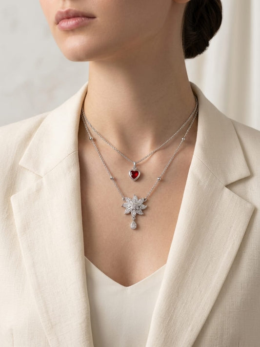 Layered Heart and Floral Pendant Necklace