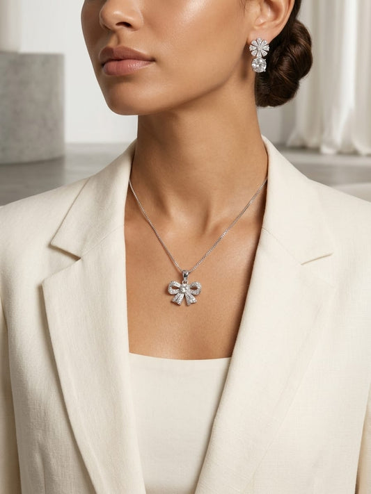 White Crystal Bow Pendant Necklace